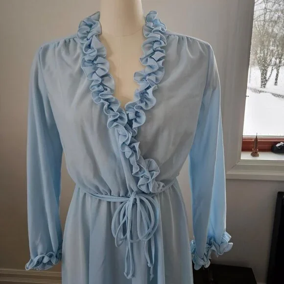 Vintage 1970s Sheer Blue Ruffle Dress | Faux Wrap & Stretch Waist - Picture 2 of 3